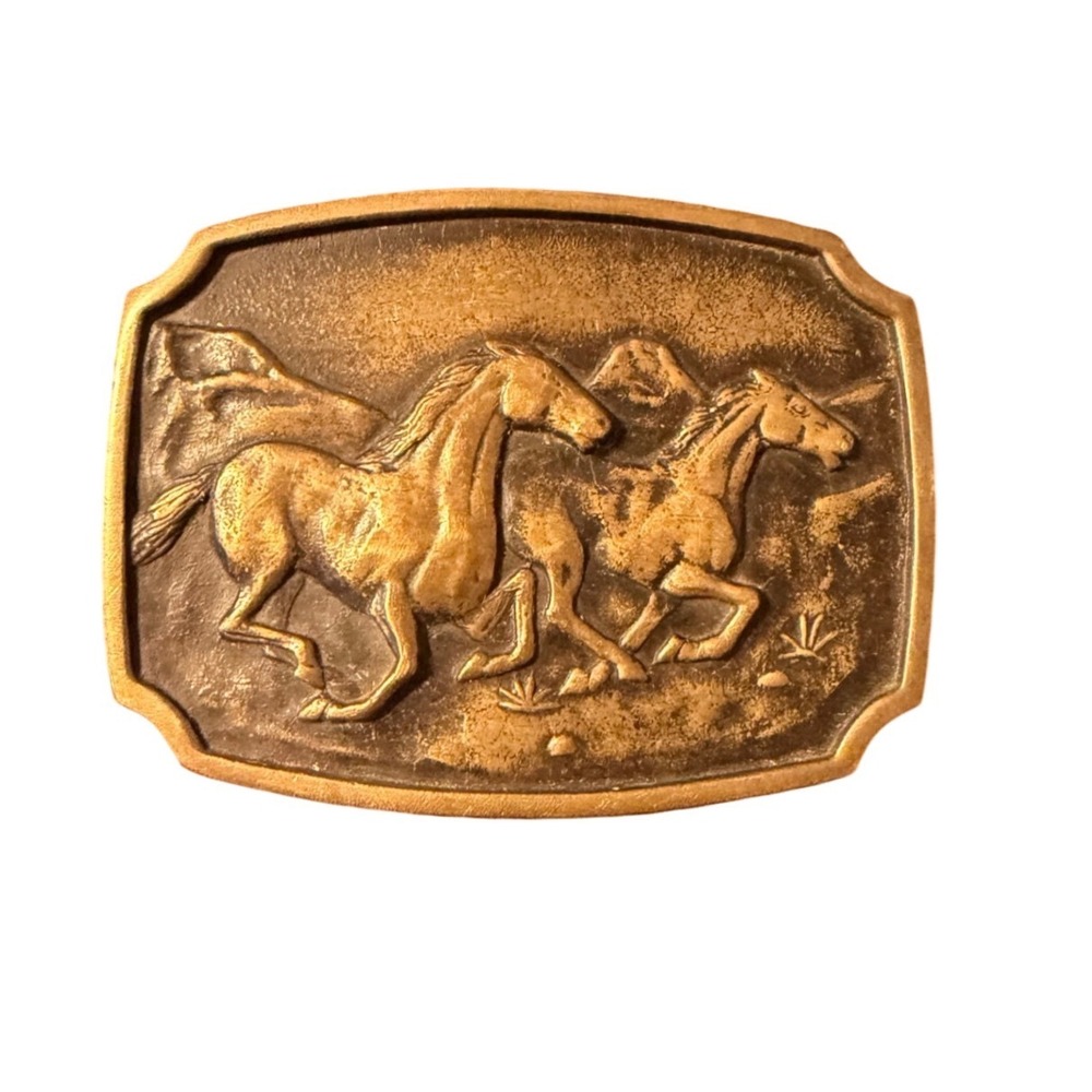 Vtg 1978 BTS Solid Brass Wild Horses Belt Buckle Made in USA Western Cowboy